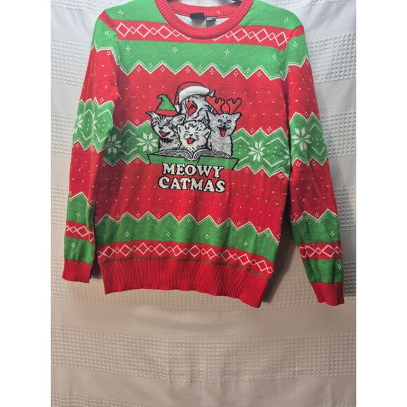 Mad Engine Ugly Sweater Women size Large Red Green Cat Christmas Knit Party 7281 - Picture 1 of 7
